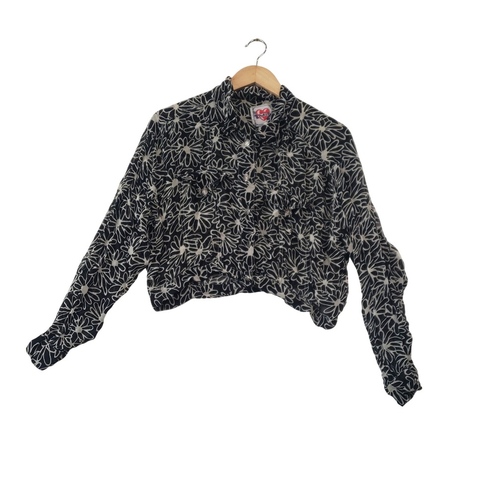 Vintage Floral Button Up Shirt Womens Medium Black White Cropped 90s Western